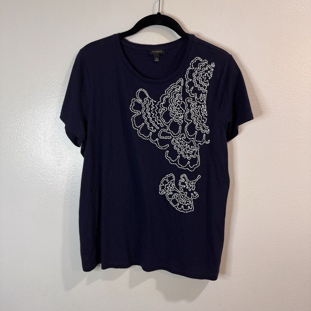 Talbots T-shirt XL Navy Blue White Floral Beaded Nautical Beachy Preppy Cotton